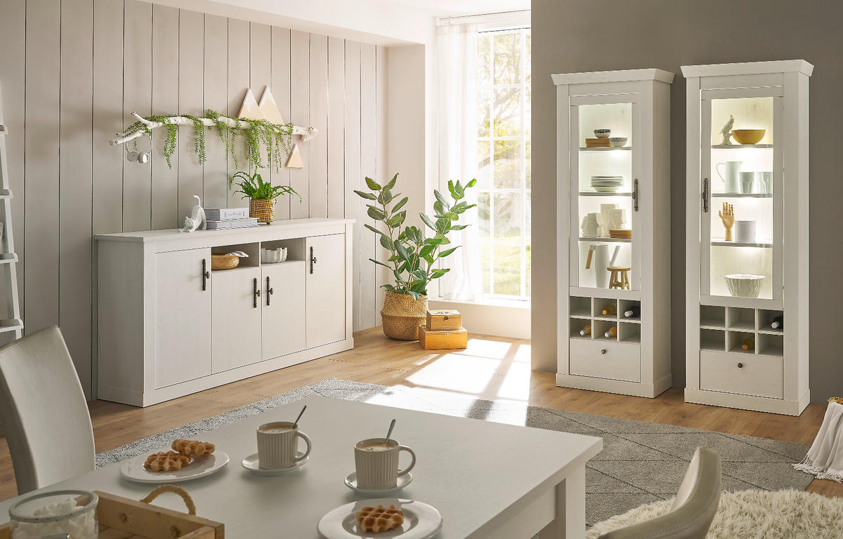 ESSZIMMER-SET Esszimmer Set 3-teilig weiß Pinie Landhaus, Soft-Close-Funktion - Silberfarben/Weiß, Glas/Holzwerkstoff (364/201/45cm) - Furn.Design