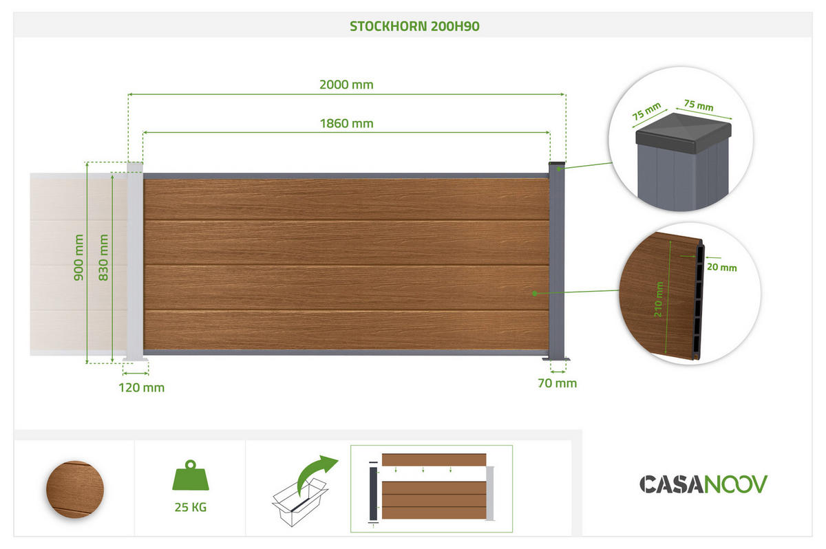 ERWEITERUNGSSET für Verbundzaun 2 m STOCKHORN H. 90 cm auf Sockel, Teak - Braun, Holzwerkstoff (200/90cm) - Casanoov