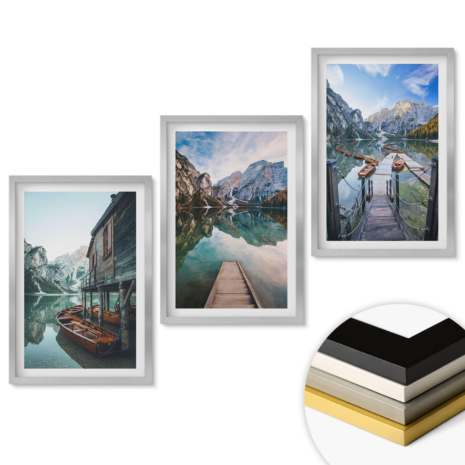 WANDBILDER 3er Set - 40x60 cm Silberner Rahmen - See Berge Holzboote - Silberfarben, Kunststoff (40/60cm) - ArtPrintCave
