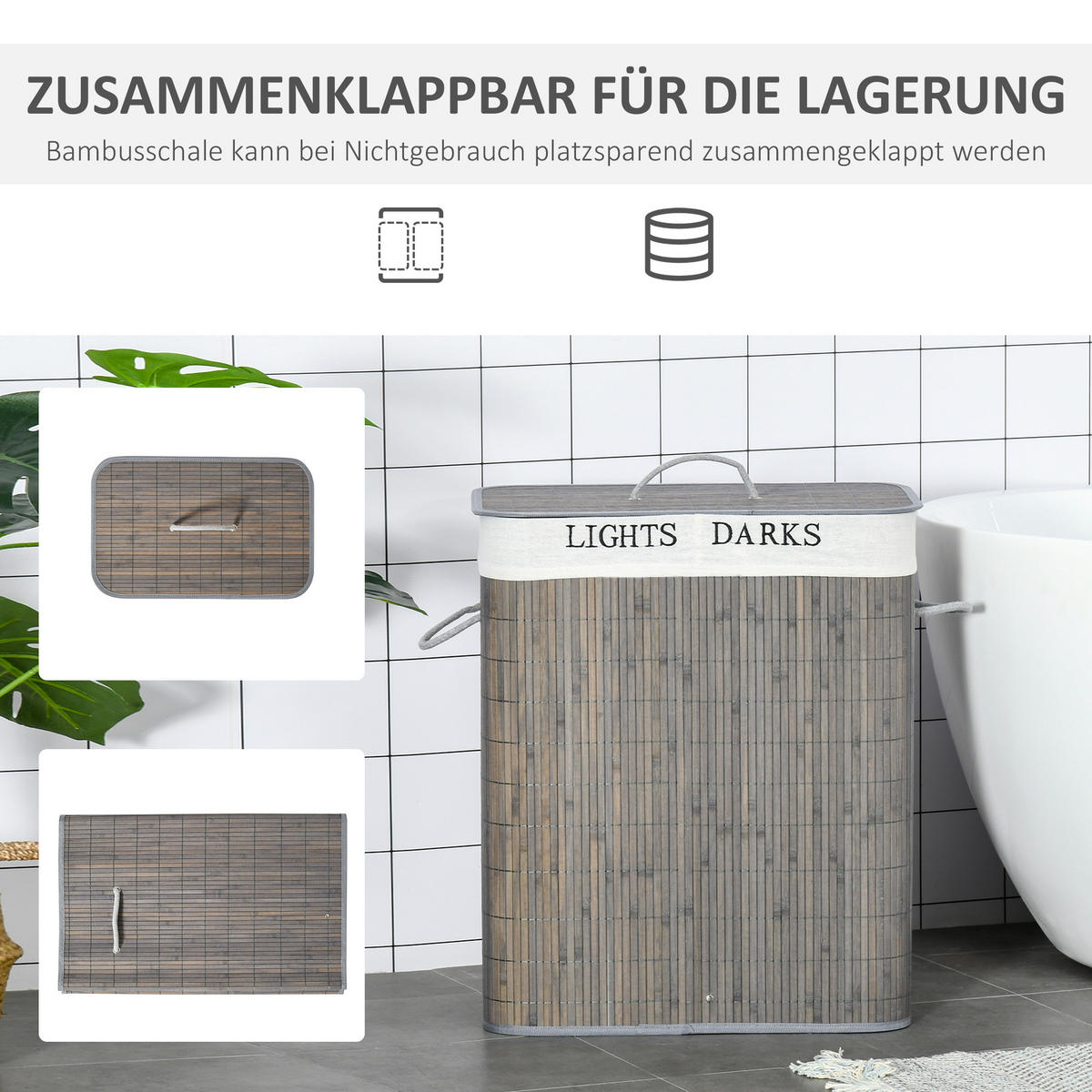 WÄSCHEKORB schmal mit Deckel 100L, Badezimmer, Bambus, Grau - Grau, Naturmaterialien (52/63/32cm) - HOMCOM