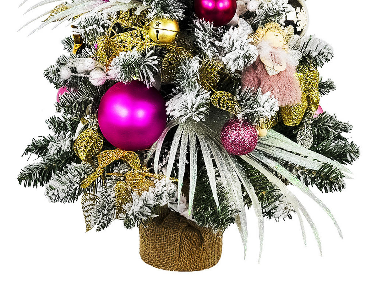 WEIHNACHTSBAUM künstlicher 60 cm mit LED-Beleuchtung, ROSENZAUBER, mit 37 Weihnachtsbaumschmuck, Pflanztopf mit Jutesack - Pink/Goldfarben, Kunststoff/Stein (40/60cm) - LAALU
