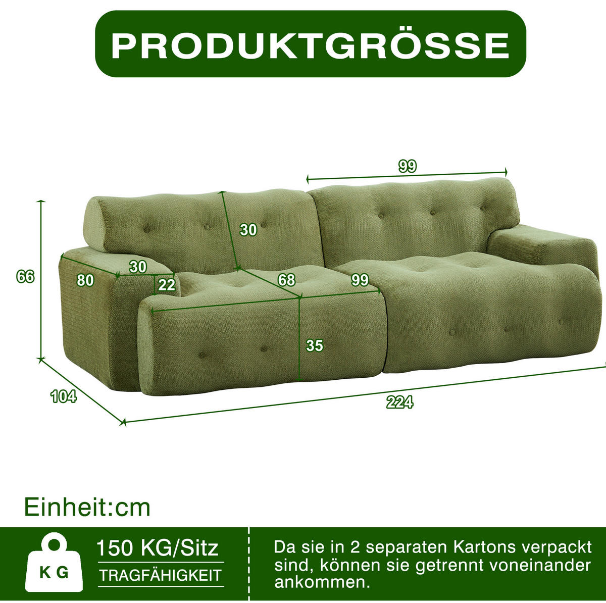 2-SITZER-SOFA 224/104/66 cm aus Chenille mit breiten Armlehnen und knopfgesteppter Polsterung, Grün - Grün, Textil (224/66/104cm) - Redom