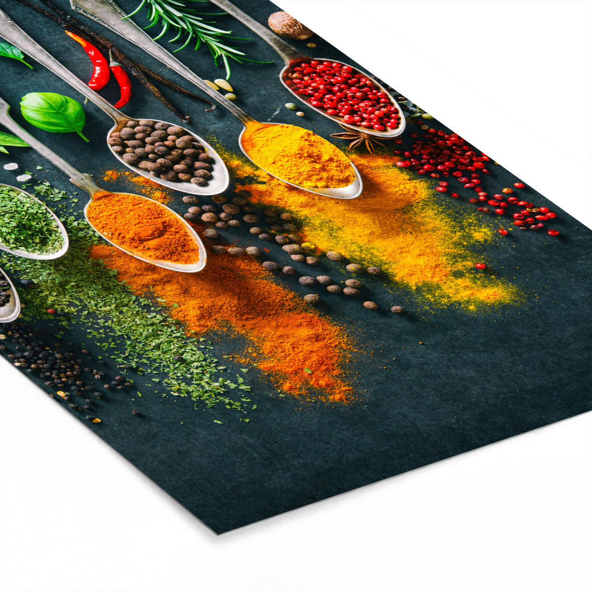 GERAHMTES BILD Kräuter - Gewürze - Löffel 20x30 cm - Currygelb, Papier (20/30cm) - MuchoWow