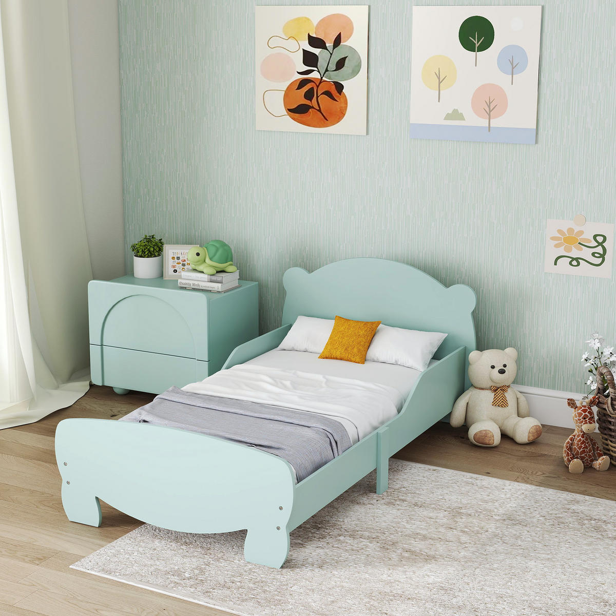 KINDERBETT 140x70 cm DE-14657 mit Schutzbügeln & Bären-Design Grün - Grün, Holzwerkstoff (70/140cm) - ComfortXL