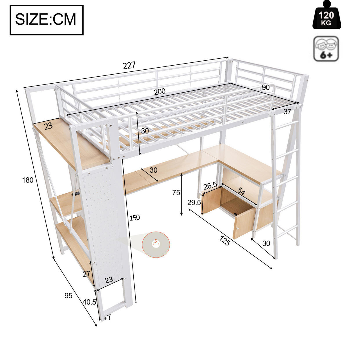 HOCHBETT 90/200 cm in Weiß mit Schreibtisch, LED-Beleuchtung und Stauraum - Weiß, Metall (90/200cm) - Flora Grace