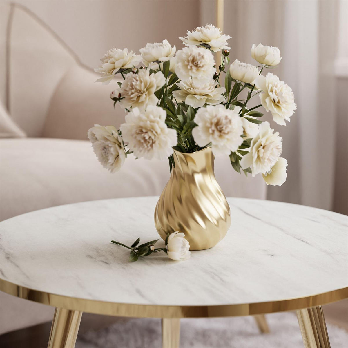 COUCHTISCH SOLEIL GOLD Weiß Marmor, 50cm - Weiß, Holzwerkstoff (70/50/47cm) - Lookway