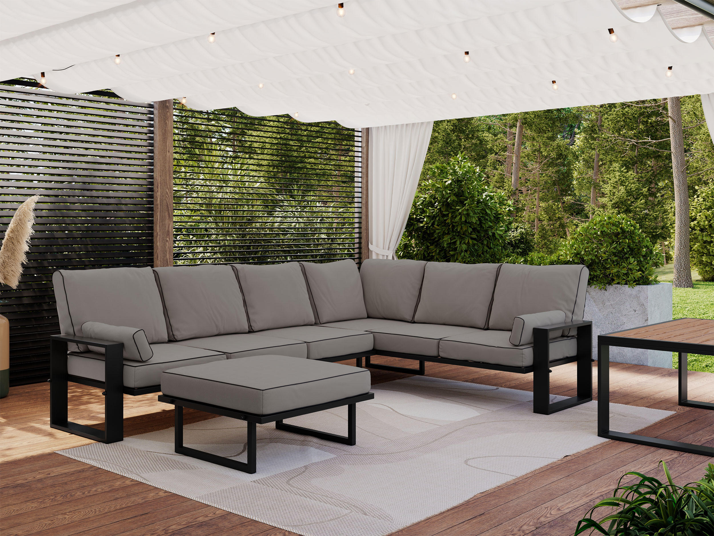 GARTENMÖBEL-SET ELBA:  1x Tisch, 1x Ecksofa, 1x Hocker - Grau - Grau, Textil - MKS