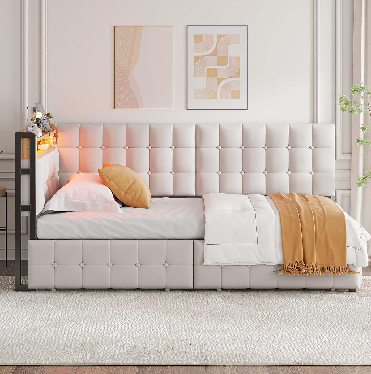 SCHLAFSOFA 90/200 cm mit LED-Beleuchtung, USB- und Typ-C-Anschluss sowie 2 Schubladen, Beige - Beige, Textil (99/83.5/208.5cm) - Redom