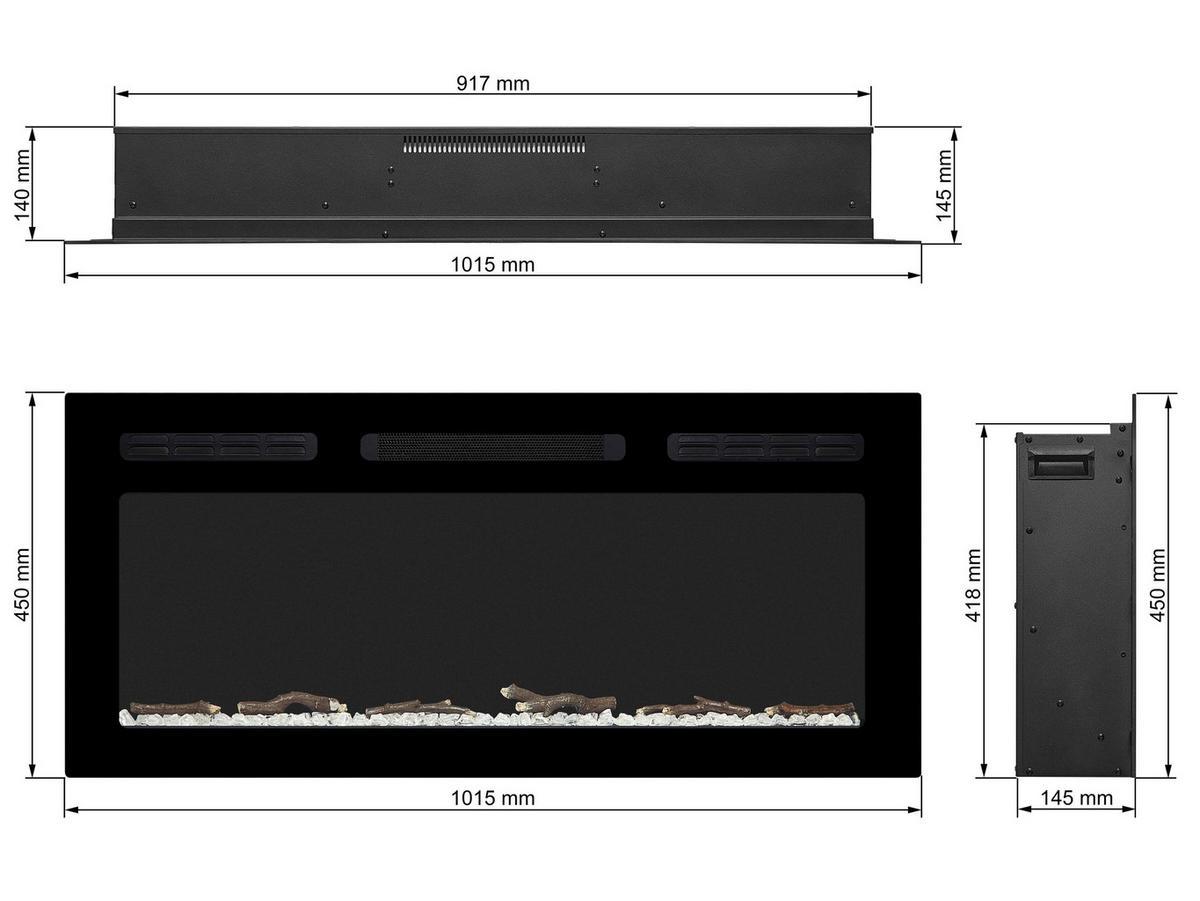 WAND-EINBAUKAMIN AF40WR – Breite 104 cm, 3D-Flammeneffekt, LED-Beleuchtung, Heizfunktion - Schwarz, Glas/Metall (101.5/45/14.5cm) - ArtiFlame