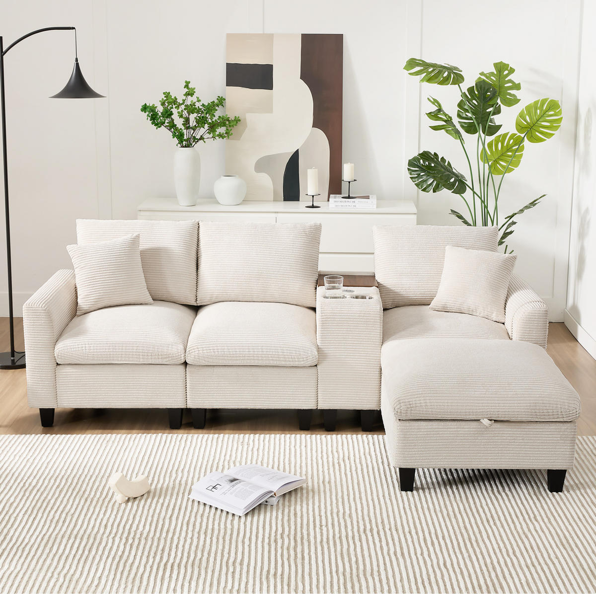 WOHNLANDSCHAFT aus Cordstoff 229x149,5x83 cm Beige mit USB-Anschlüssen, Becherhaltern, Konsole und Stauraumhocker - Beige, Textil (149.5/229cm) - Modfu