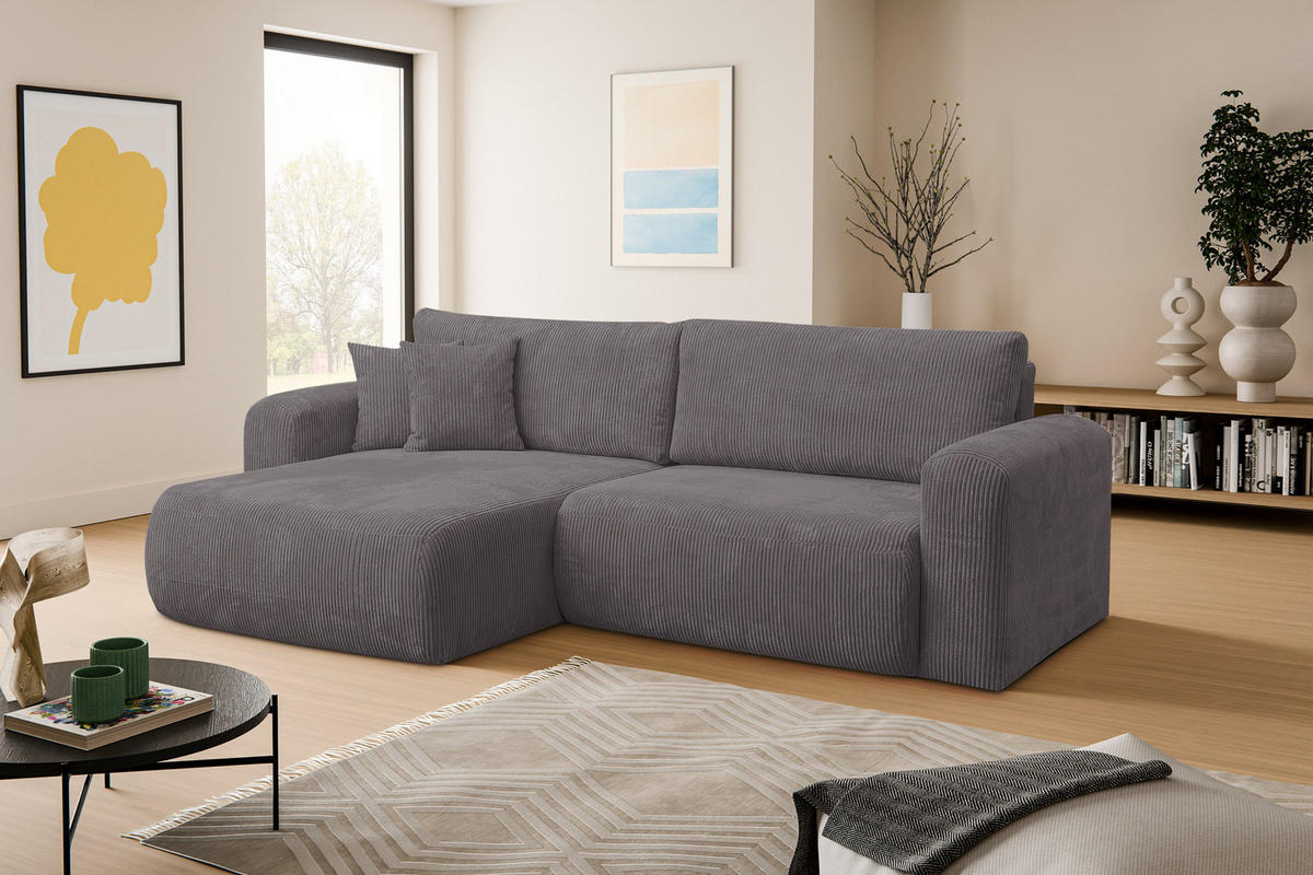 ECKSOFA Roma, Eckcouch in L-Form mit Schlaffunktion und Bettkasten, Farbe: Dunkelgrau, Cordstoff, Ottomane Universal - Dunkelgrau, Textil (244/142cm) - VENASI MÖBEL