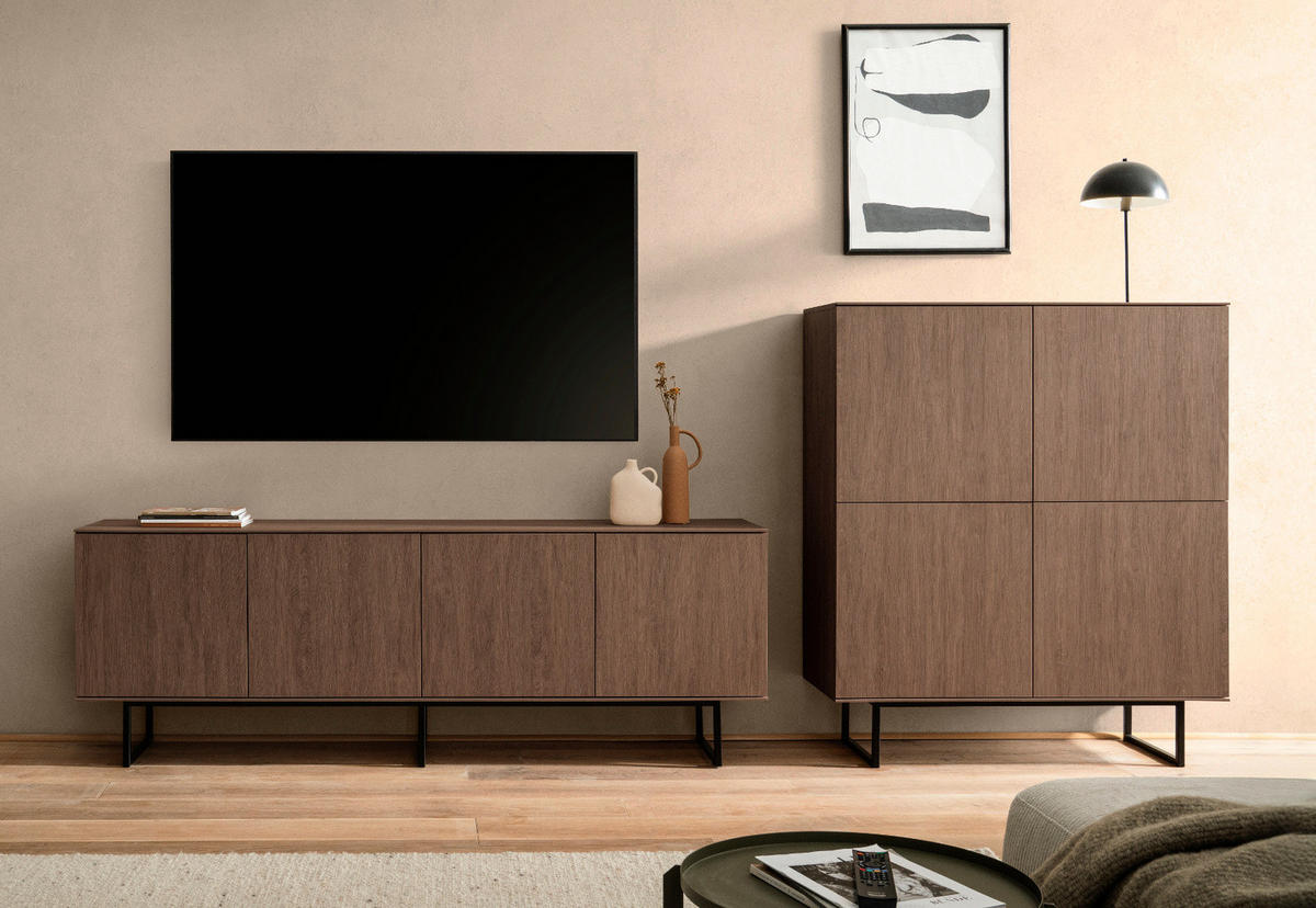 WOHNWAND in Nussbaum 2-teilig 330 cm, Komplett-Set mit Push-to-Open - Nussbaumfarben/Schwarz, Holzwerkstoff/Metall (330/137/40cm) - Furn.Design