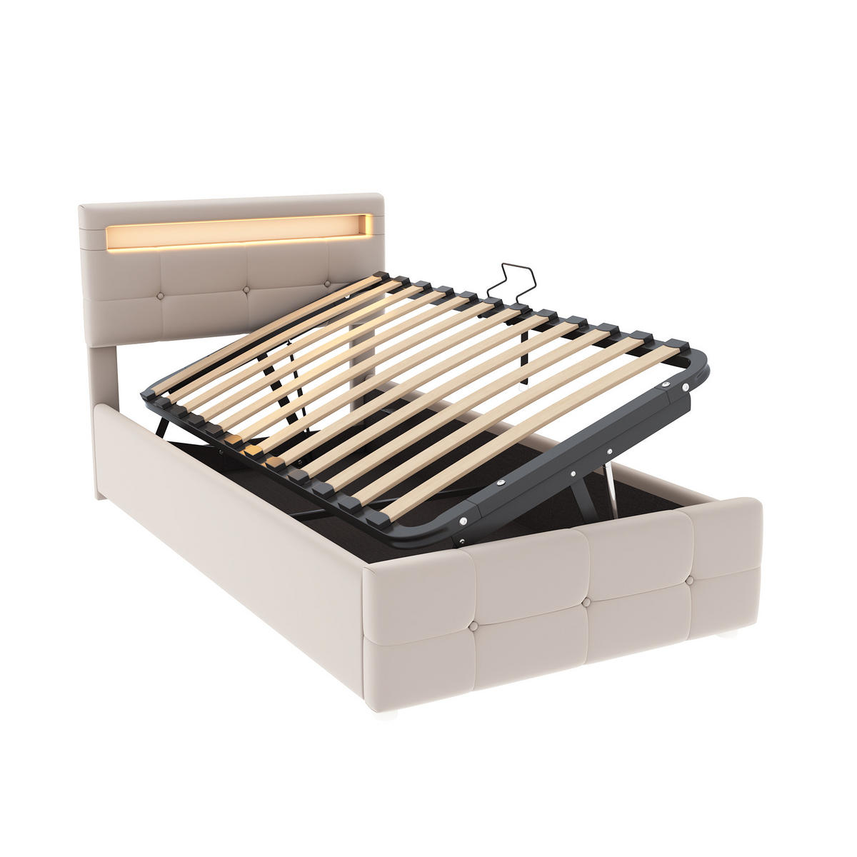 POLSTERBETT 90/200 cm beige mit LED-Beleuchtung und hydraulischem Stauraum - Beige, Textil (90/200cm) - OKWISH