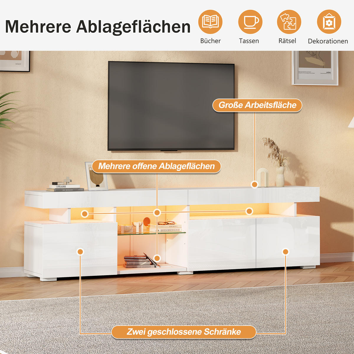 TV-LOWBOARD 180x35x45 cm Weiß Hochglanz 3 Türen Glas Einlegeböden - Weiß, Holzwerkstoff (35/45/180cm) - FLIEKS