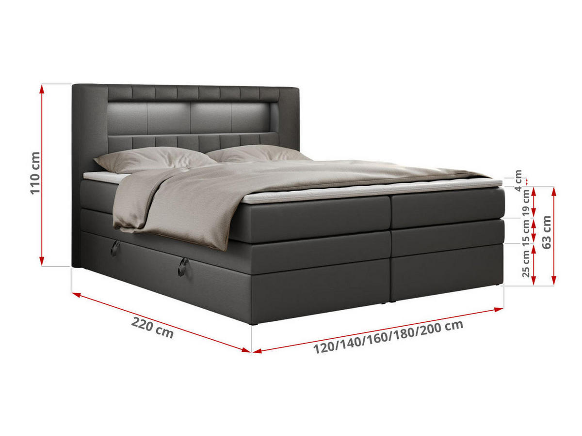 BOXSPRINGBETT GOLD-5 KING LED 160/200 Dunkelgrau Kunstleder - H3 - Dunkelgrau, Holz/Textil (160/200cm) - MKS