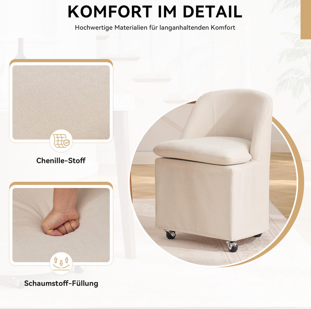 ESSZIMMERSTUHL 2er-Set mit Rollen Beige Chenille - Beige, Metall (53/78.5/53.5cm) - Meubliv