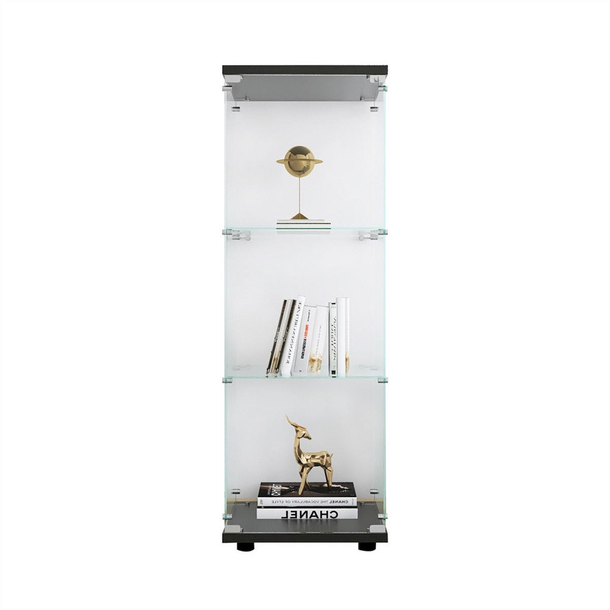 VITRINE - Glasvitrine mit 1 Tür und 3 Ebenen - rahmenloses Design - Schwarze Decken- und Bodenplatte - Schwarz, Glas (42.4/125.2/36.3cm) - DELFA