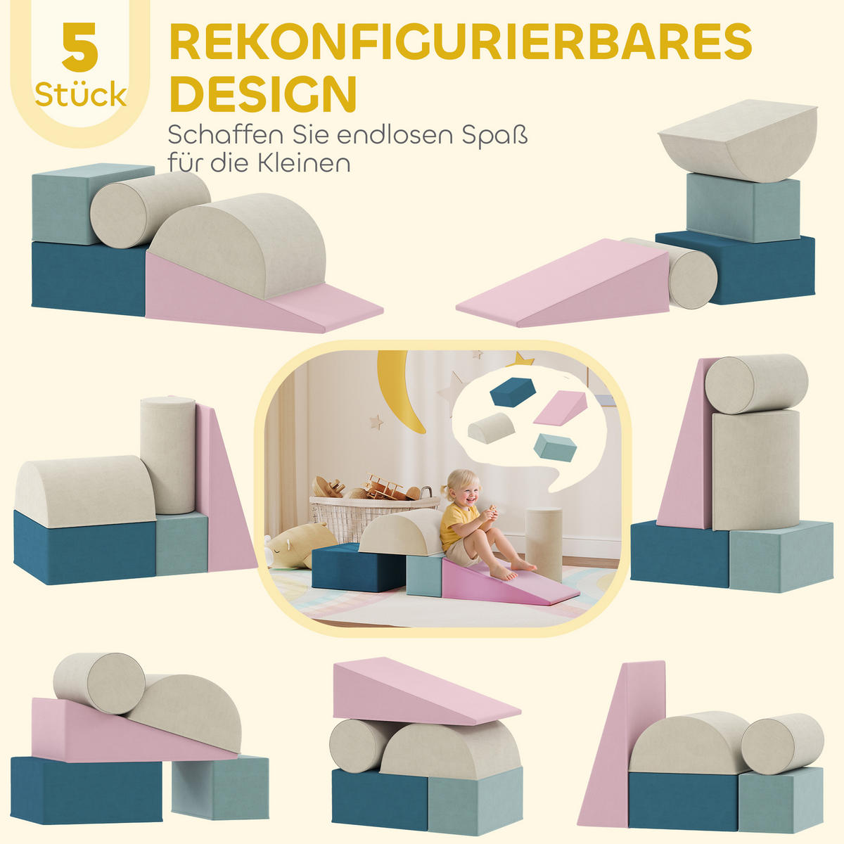 KINDER Schaumstoff Bausteine 5er Set Riesenbausteine Klettern mit Samtoptik - Multicolor, Textil (40.6/61cm) - AIYAPLAY