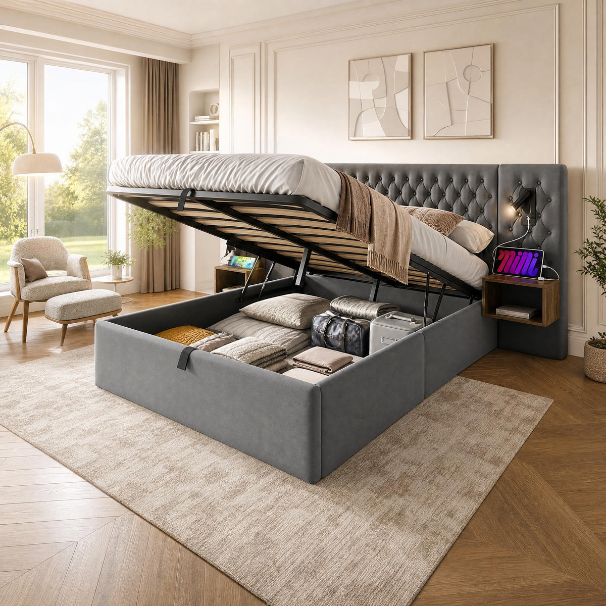 BETTANLAGE 160/200 cm in Grau Samt mit Bettkasten, USB, Type-C, Leselampen und 2 Nachttischen - Grau, Holzwerkstoff/Textil (160/200cm) - STILVORA