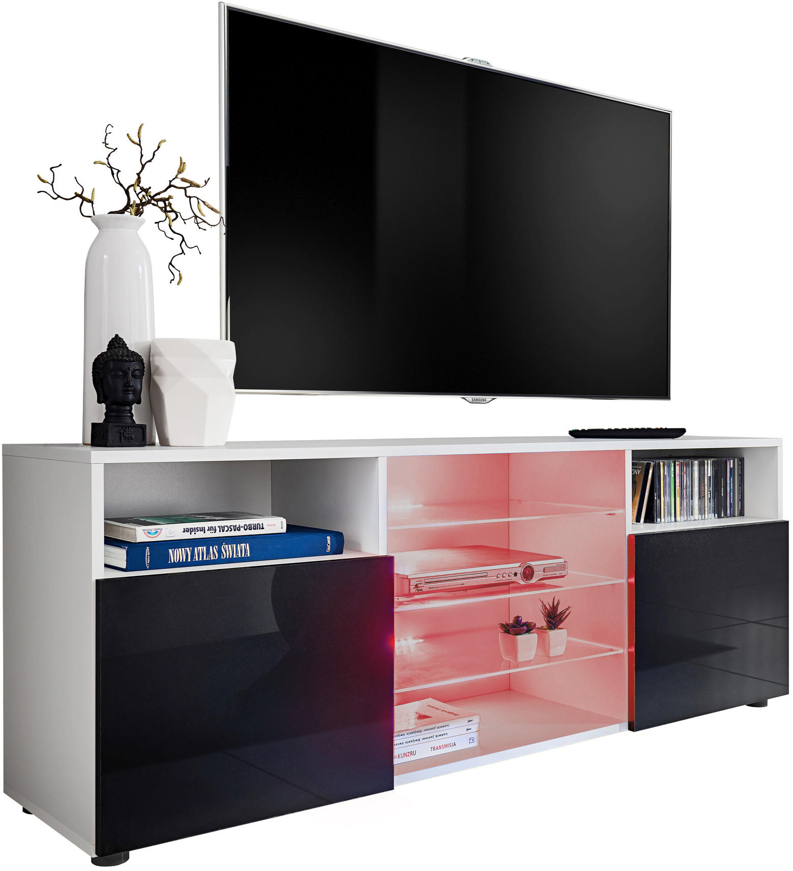 SIDEBOARD TV URBINO Weiß, LED Beleuchtung Mehrfarbige - Schwarz/Weiß, Glas/Holzwerkstoff (140/53/35cm) - Komodee
