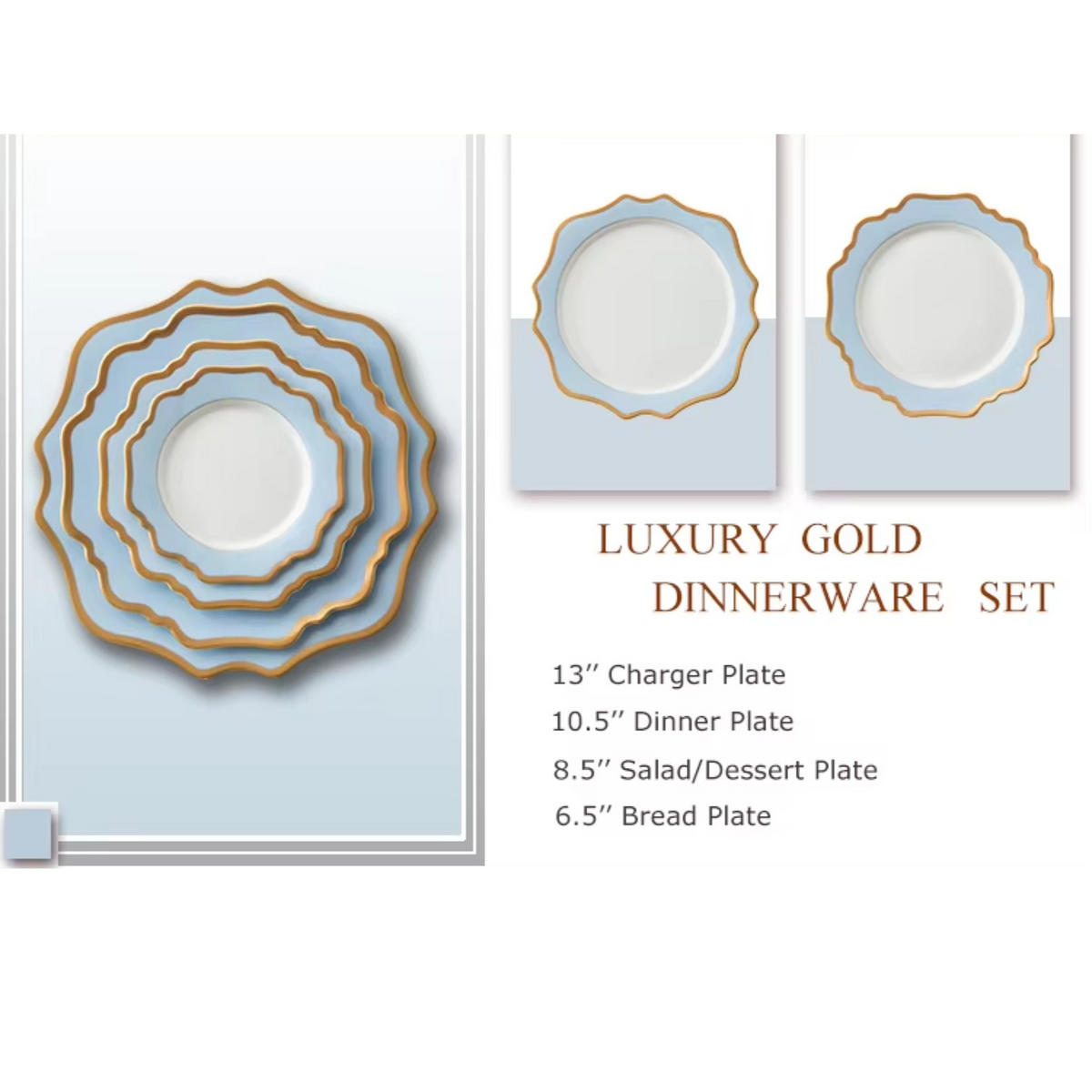 TELLERSET Hellblau Gold Bone China 4tlg Ø30 Ø27 Ø20 Ø16 cm - Blau/Hellblau, Keramik (33/33/3cm) - Quality Elegance