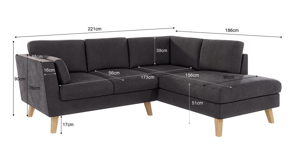 ECKSOFA Mario Graphit Microfaser - Graphitfarben/Naturfarben, Buchenholz/Textil (221/186cm) - S-Style Möbel