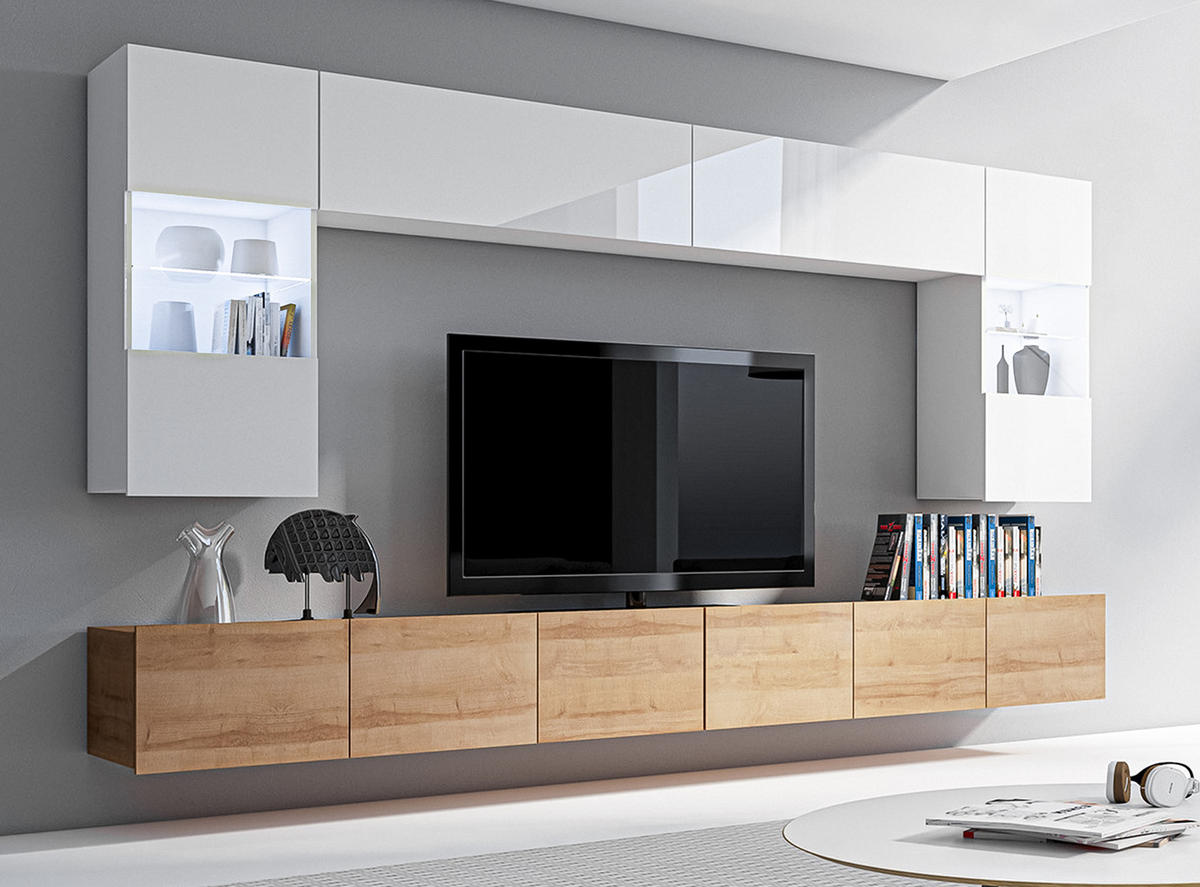 WOHNWAND Kossana 1 Modern Weiß, Goldene Eiche 300/154/43 cm Stilvoll - Hellbraun/Weiß, Holzwerkstoff/Kunststoff (300/154/43cm) - AX Living