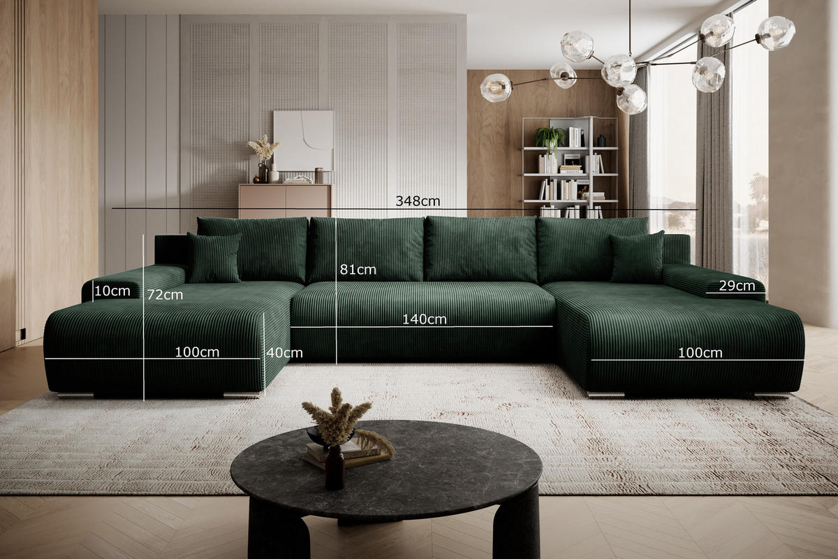 ECKSOFA Credo mit Schlaffunktion und Bettkasten, Couch U-Form, 348x81x185 cm, Grün - Grün, Holz (348/170cm) - PROMETO Möbel