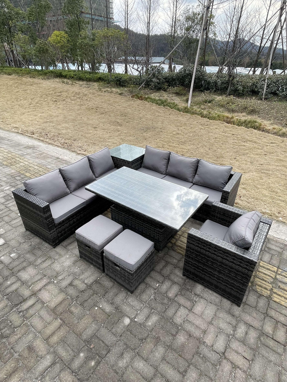 GARTENMÖBEL-SET HÖHENVERSTELLBARER ESSTISCH 3 SITZER SOFA HOCKER Polyrattan Outdoor 9-Sitzer - Dunkelgrau/Grau, Glas/Kunststoff - Fimous