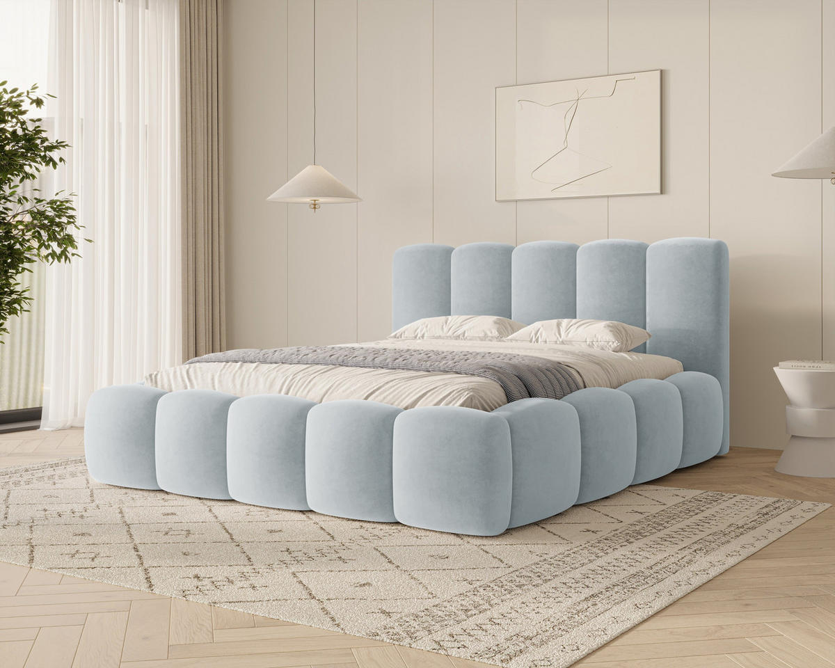 POLSTERBETT 18 - 140x200 cm – Riviera – Gepolstertes Bett mit Metall-Lattenrost - Blau, Holz (140/200cm) - ROYAL24_MARKT