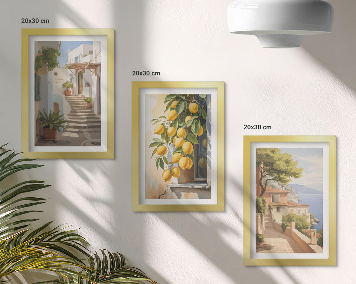 WANDBILDER 3er Set - 20x30 cm Goldrahmen - Lemon Streets Meerblick - Goldfarben, Kunststoff (20/30cm) - ArtPrintCave