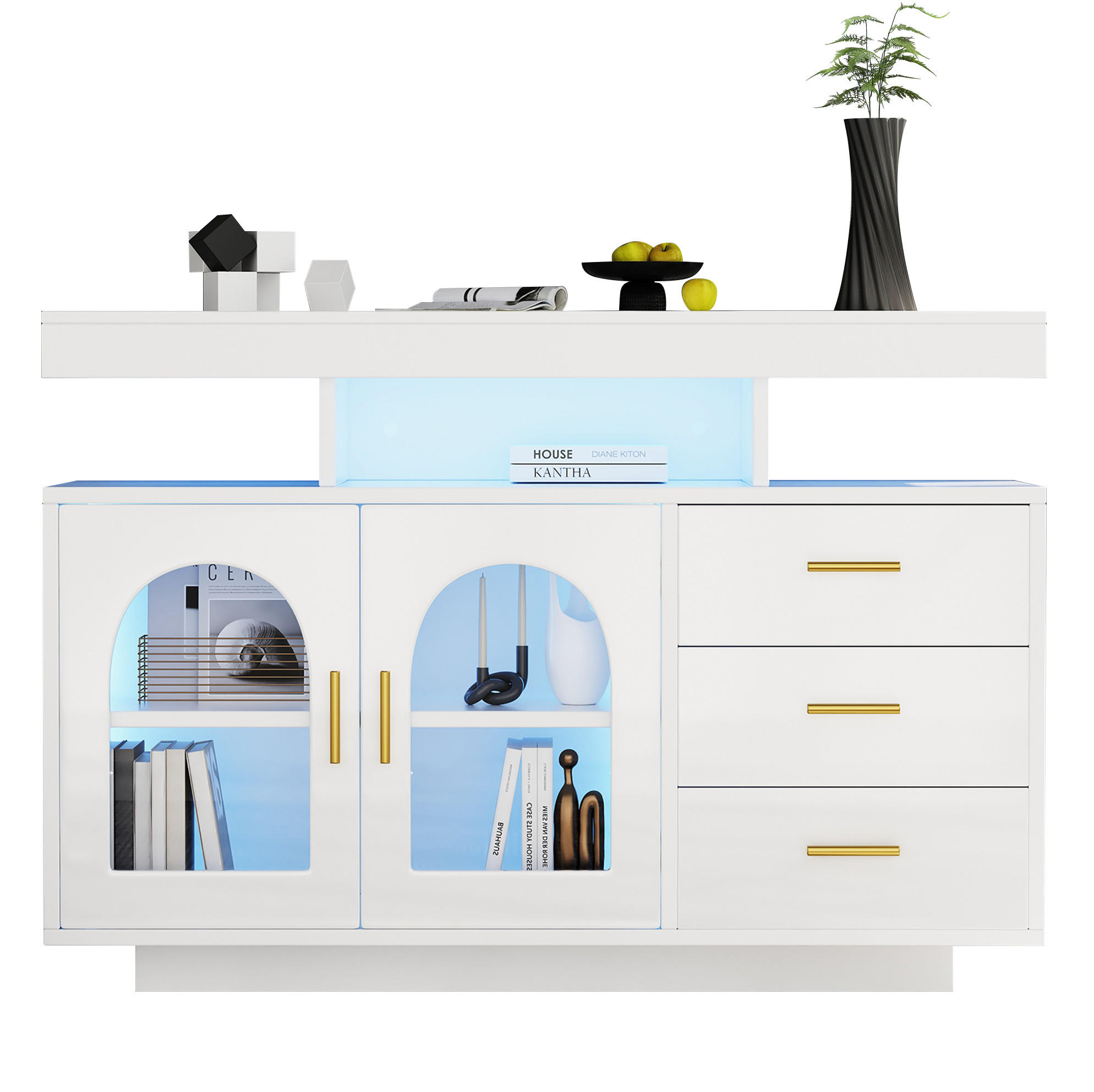 SIDEBOARD 120/40/80 cm in Weiß mit LED-Beleuchtung und Hochglanzfronten - Weiß, Holzwerkstoff (120/80/40cm) - Flora Grace