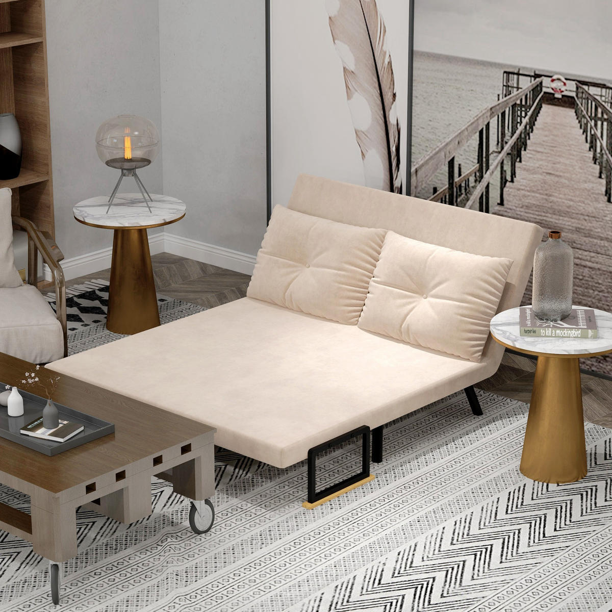 SCHLAFSOFA, Zweisitzer mit Bettfunktion, Schlafcouch mit Samtoptik, Rückenkissen - Beige/Schwarz, Holz/Textil (73/81/102cm) - HOMCOM