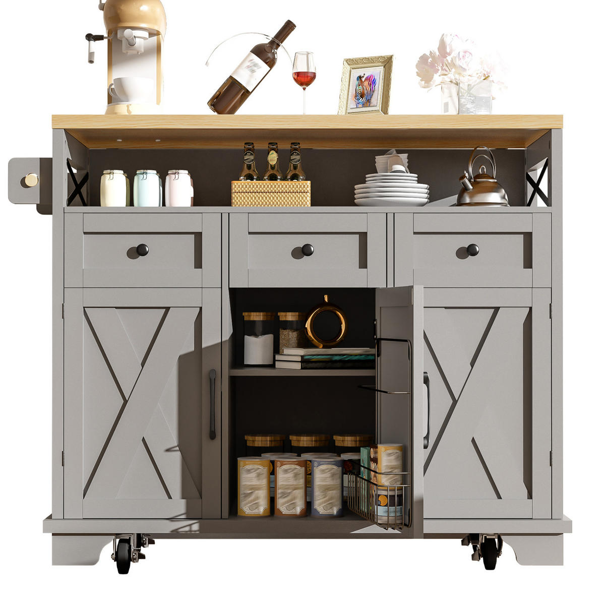 KUECHENINSEL mit Klappseite 118 x 43-80 x 98 cm Grau - Grau, Metall (43/98/118cm) - Beauniv