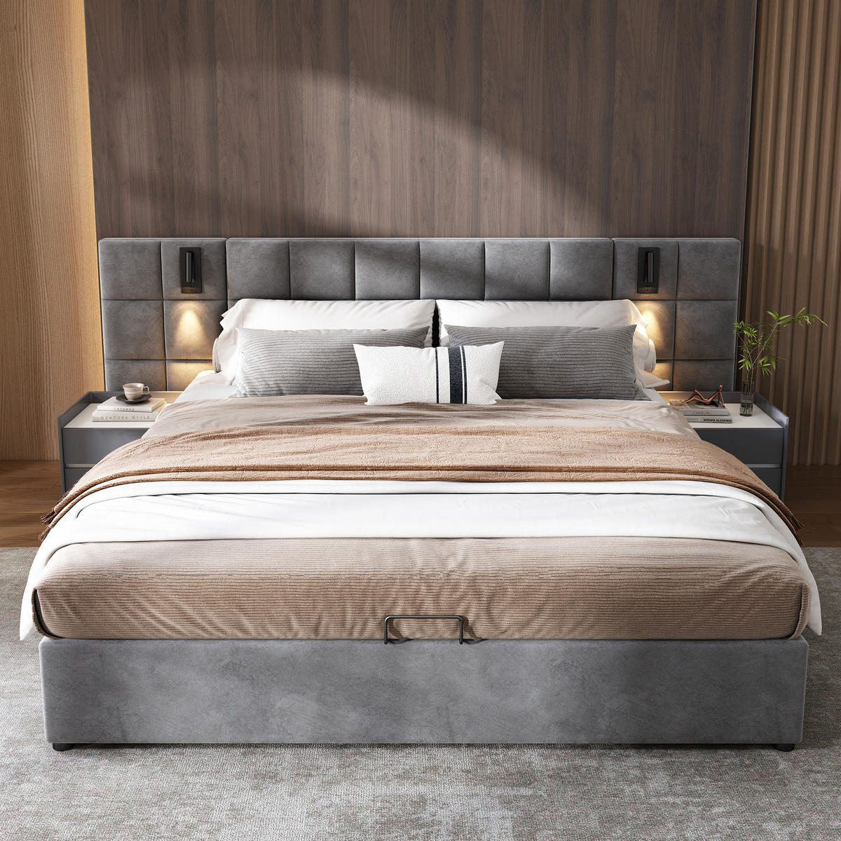 POLSTERBETT 180x200cm mit Stauraum und LED-Beleuchtung - Grau, Holzwerkstoff/Textil - Urban Meuble