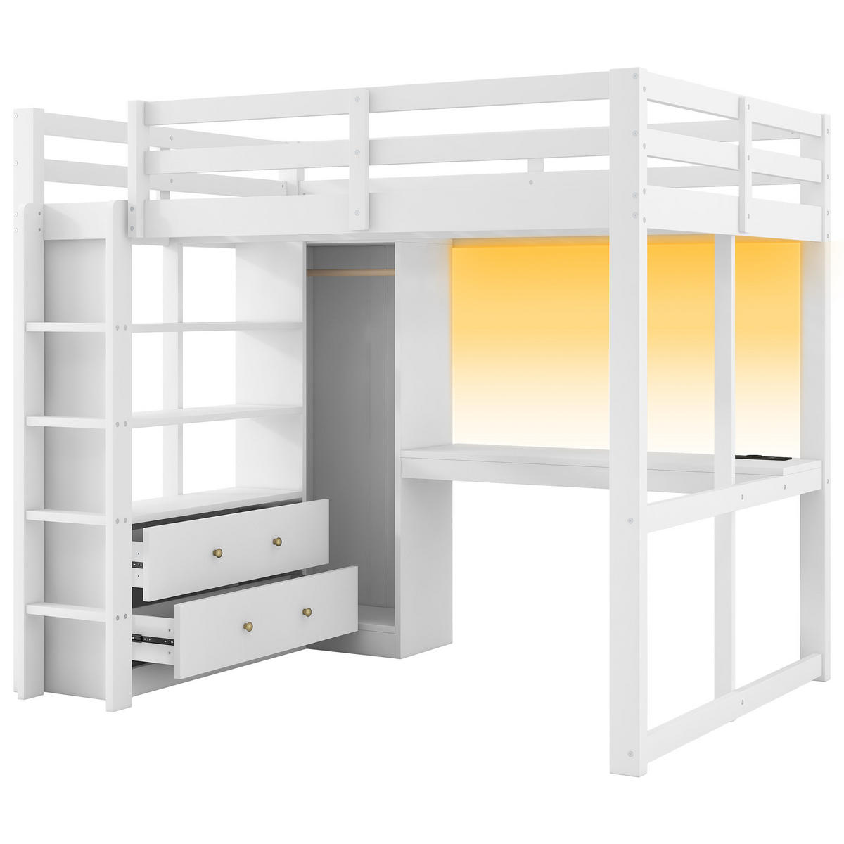 HOCHBETT 140/200 cm DE-03344, mit 2 Schubladen, Regalen, Schreibtisch und LED, in Weiß - Weiß, Holz/Holzwerkstoff (140/200cm) - ComfortXL