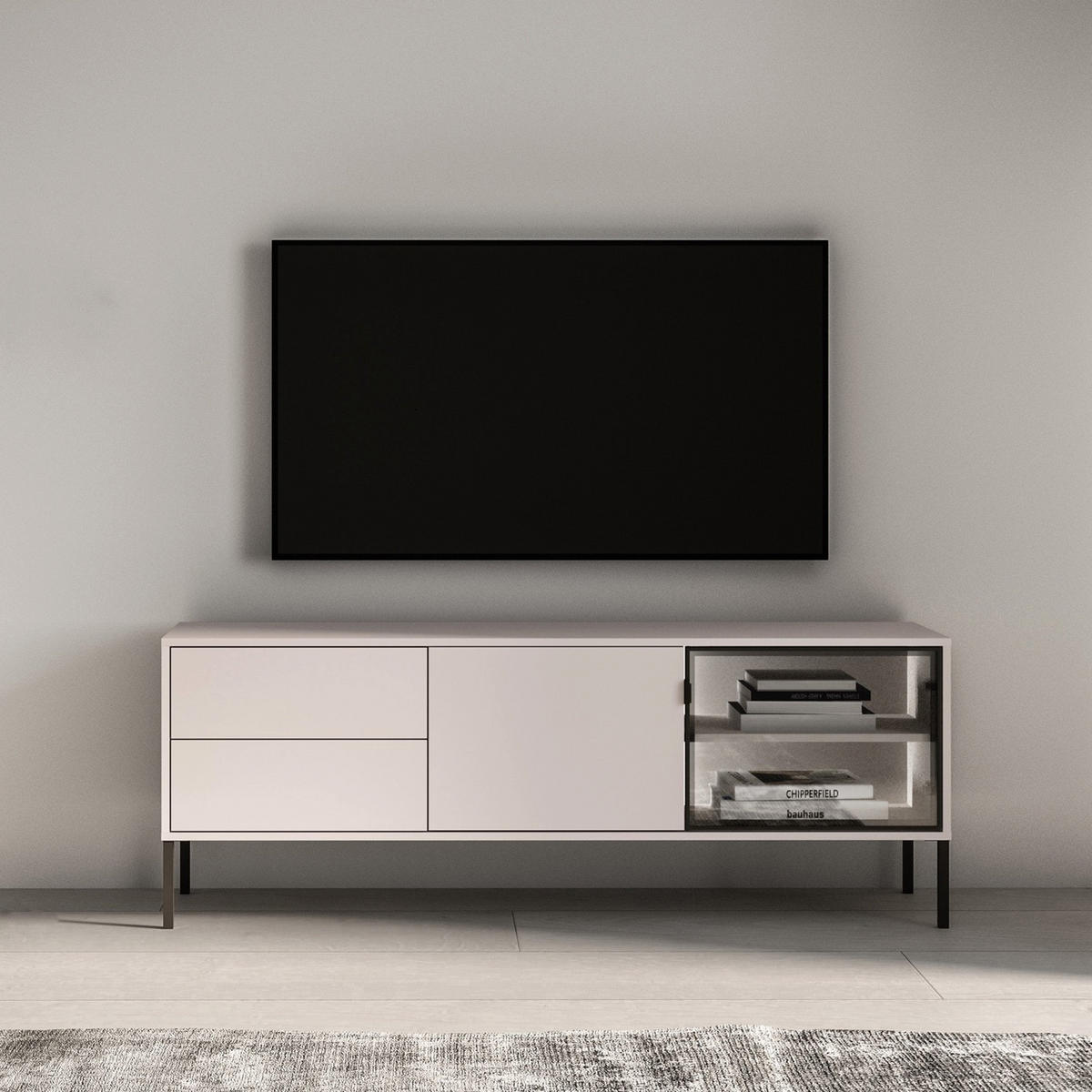 TV-LOWBOARD Barnee mit beleuchteter Glasvitrine, Kaschmirgrau, 160 cm - Taupe/Schwarz, Holzwerkstoff/Metall (160/58.9/40cm) - Selsey