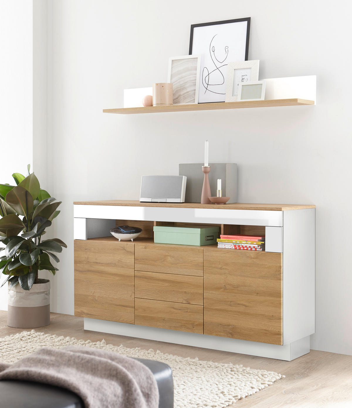 SIDEBOARD M14 Weiß Hochglanz & Grandson Oak hell 149/85/43 cm mittel - Eichefarben/Weiß Hochglanz, Holzwerkstoff (149/85/43cm) - Livojo