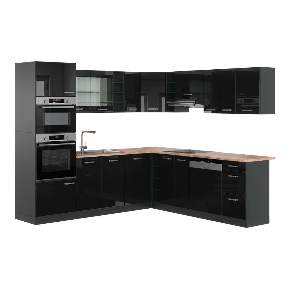 ECKKÜCHE R-Line Schwarz Hochglanz/Anthrazit 237 x 247 cm, AP Eiche - Schwarz Hochglanz/Anthrazit, Holzwerkstoff (247/81.6/60cm) - Vicco