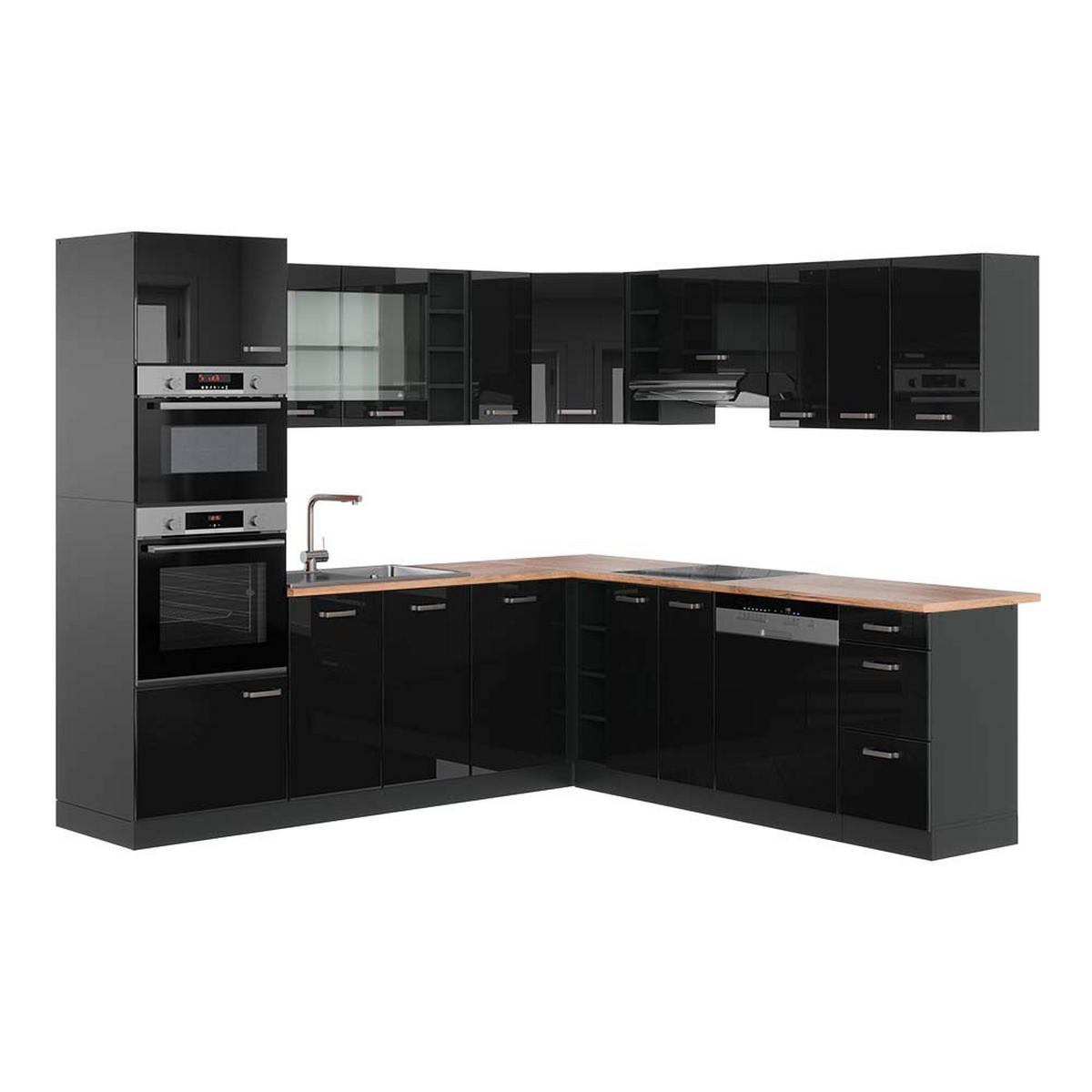 ECKKÜCHE R-Line Schwarz Hochglanz/Anthrazit 237 x 247 cm, AP Eiche - Schwarz Hochglanz/Anthrazit, Holzwerkstoff (247/81.6/60cm) - Vicco