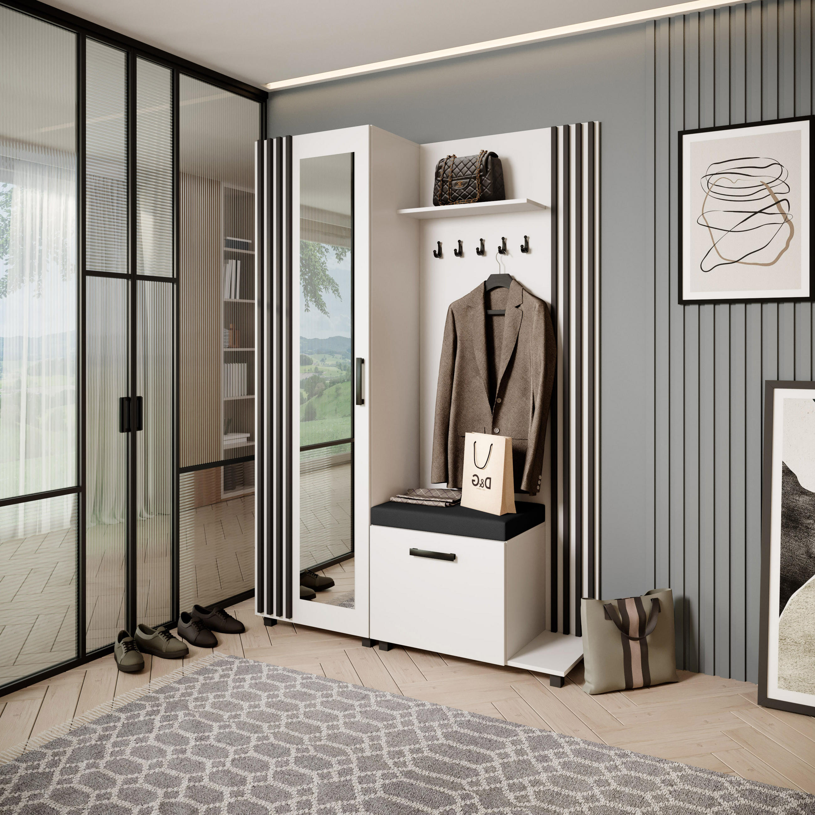 GARDEROBENSCHRANK Livia mit Aufhängern und Spiegel, Weiß, rechts - Schwarz/Weiß, Holzwerkstoff (137/207/42cm) - Beautysofa