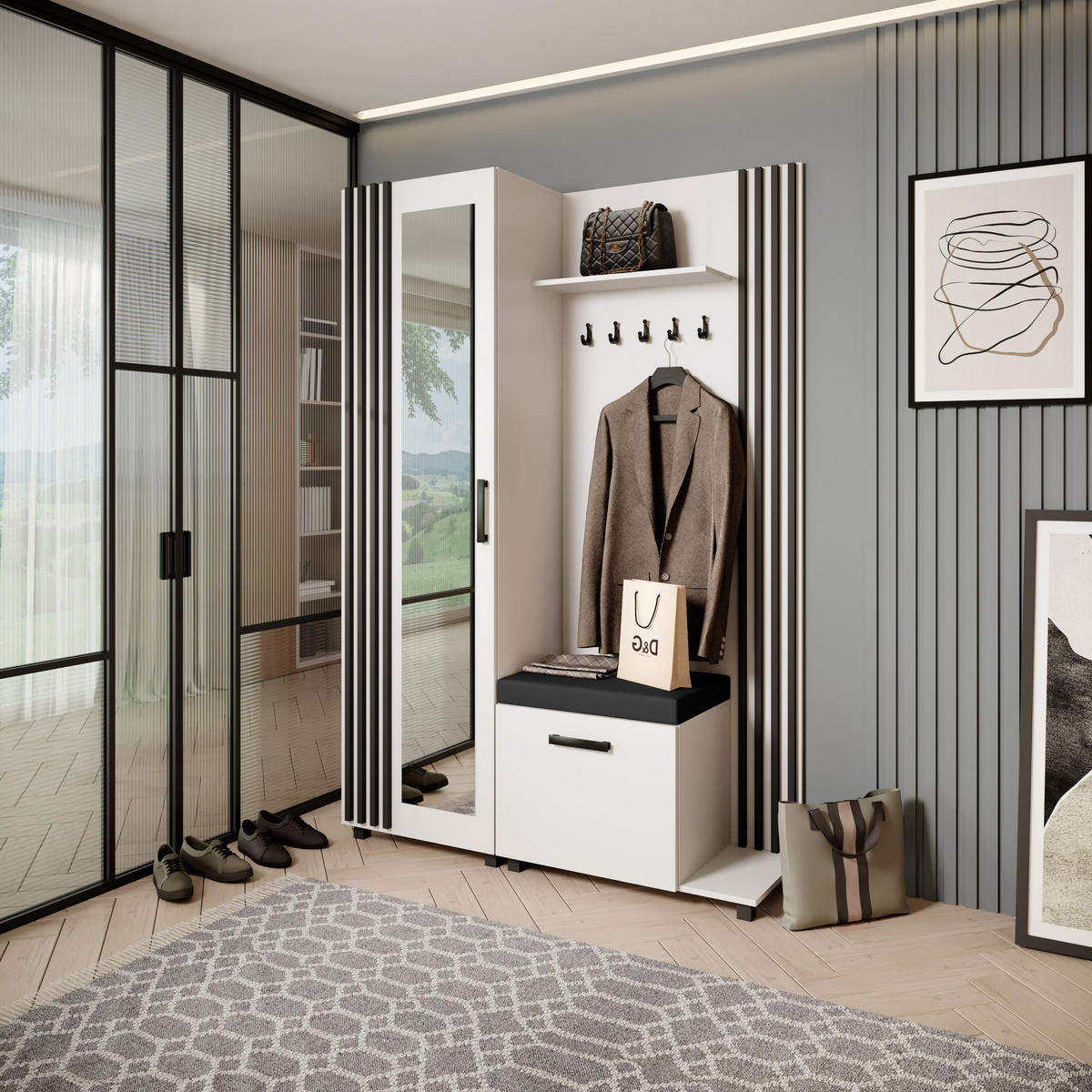 GARDEROBENSCHRANK Livia mit Aufhängern und Spiegel, Weiß, rechts - Schwarz/Weiß, Holzwerkstoff (137/207/42cm) - Beautysofa