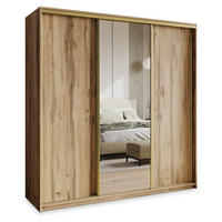 SCHWEBETÜRENSCHRANK TAVI 180/205/60 cm 3-türig mit Spiegel und Schubladen Eiche Wotan - Eiche Wotan/Goldfarben, Holzwerkstoff (180/205/60cm) - MASSENO