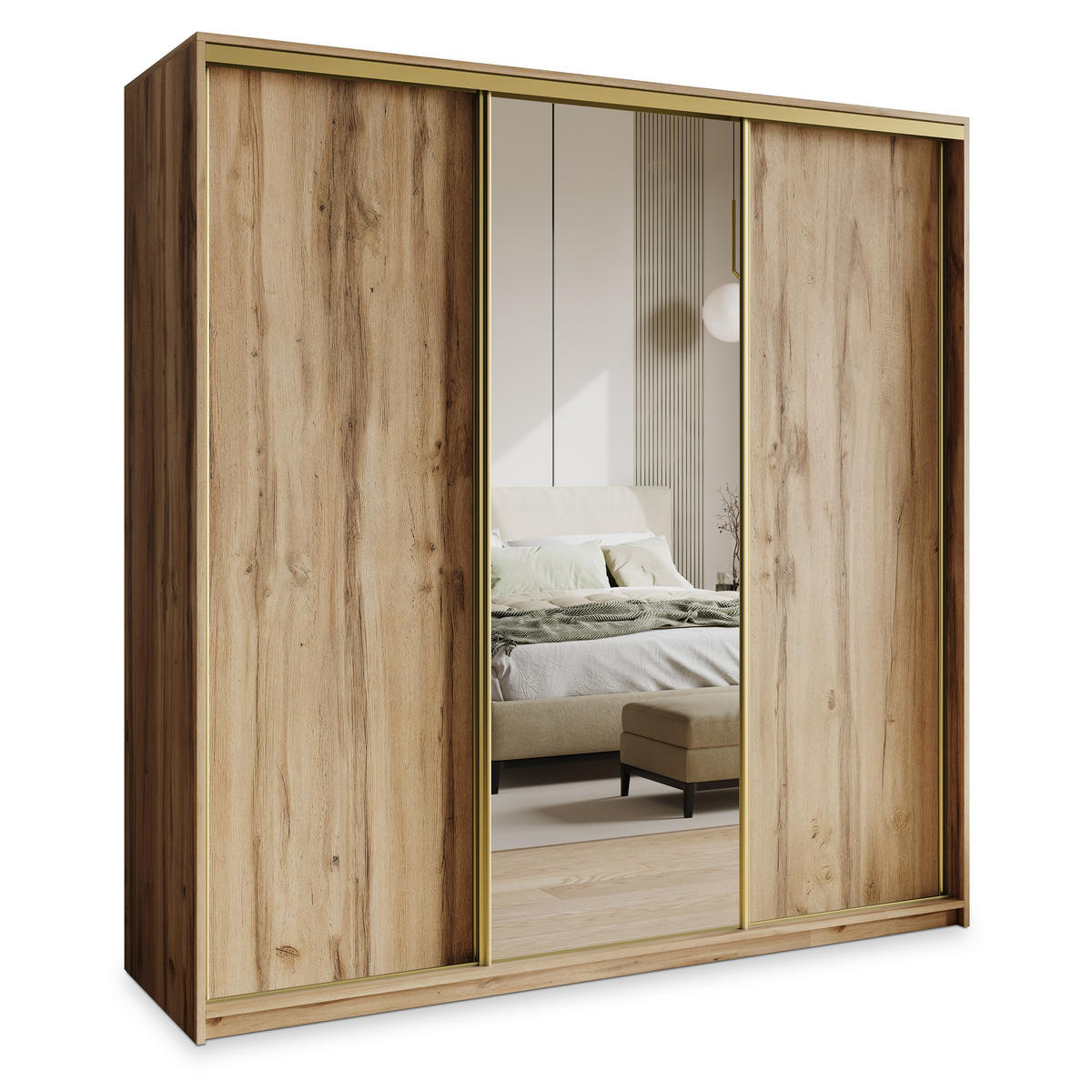 SCHWEBETÜRENSCHRANK TAVI 180/205/60 cm 3-türig mit Spiegel und Schubladen Eiche Wotan - Eiche Wotan/Goldfarben, Holzwerkstoff (180/205/60cm) - MASSENO