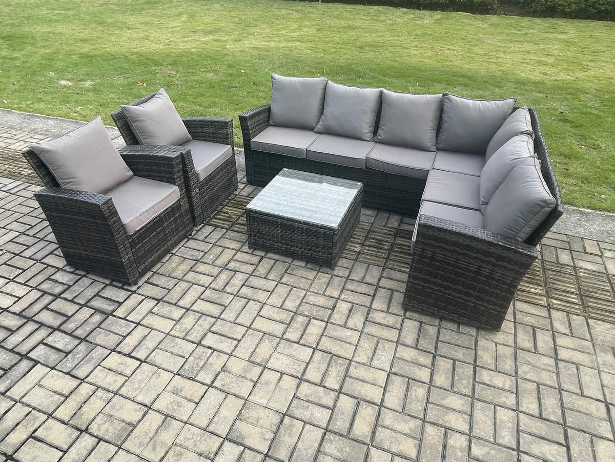 LOUNGEGARNITUR mit Couchtisch Sofa Polyrattan Dunkelgrau 8-Sitzer - Dunkelgrau/Grau, Glas/Kunststoff - Fimous