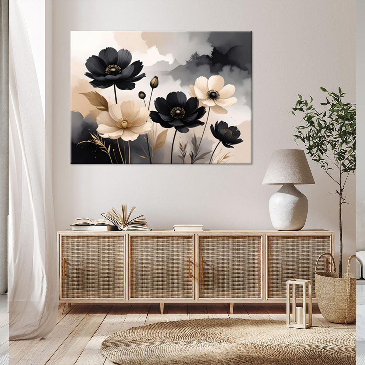 WANDBILD, Schwarze und cremefarbene Blumen in einer modernen Komposition - Beige, Textil (30/20cm) - Feeby