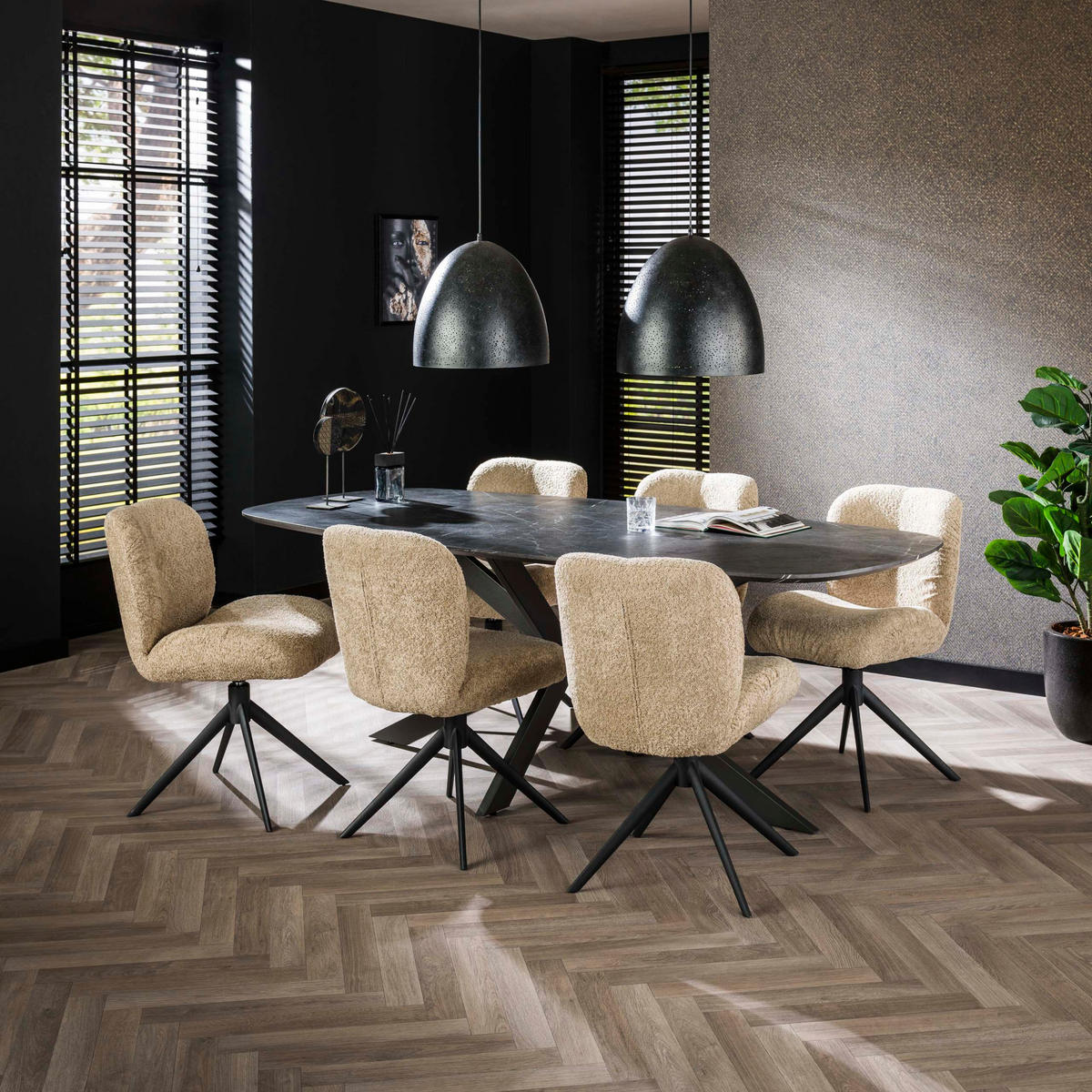 ESSTISCH ONYX CROCE GRANDE XXL Dänisch-Ovaler Tisch in dunkler Graphit-Steinoptik 215cm - Schwarz, Holz (215/105/77cm) - alesvelt