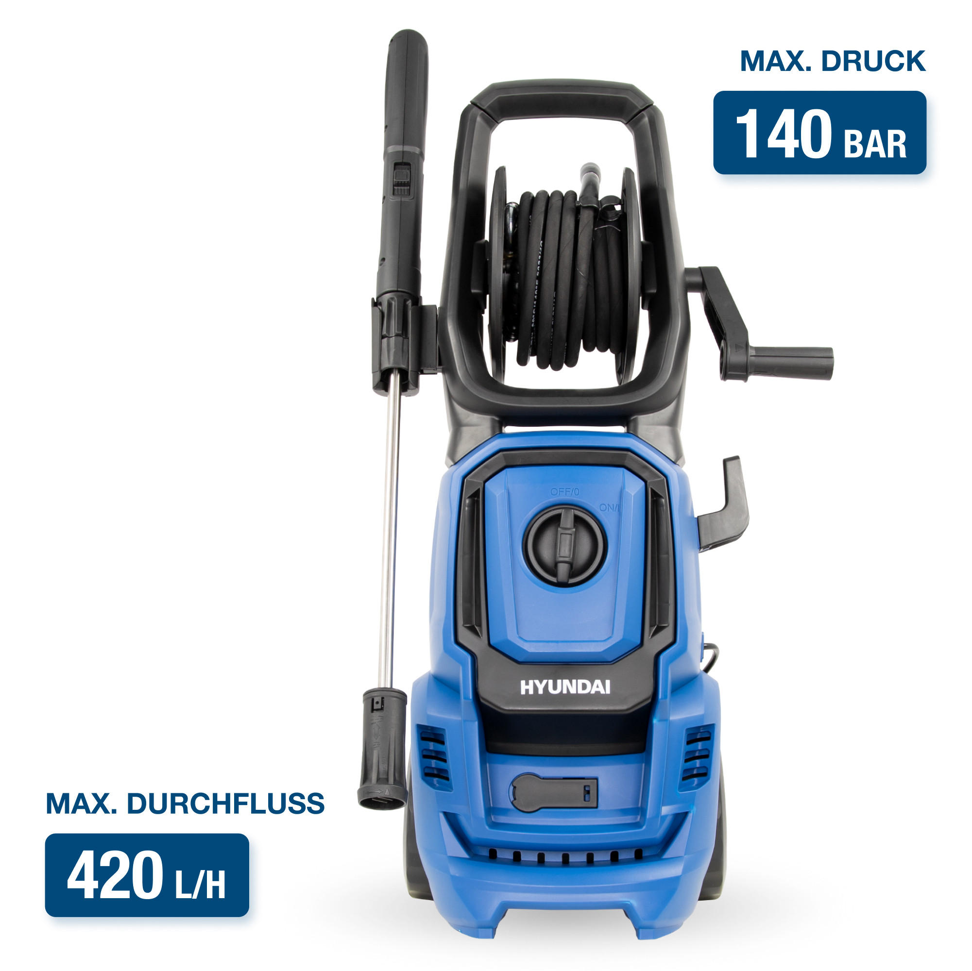 ELEKTRO-HOCHDRUCKREINIGER HPW1800CE (1800W, 140bar, 420 l/h, Schlauchtrommel, Blau) - Blau, Kunststoff (28/76/28cm) - HYUNDAI
