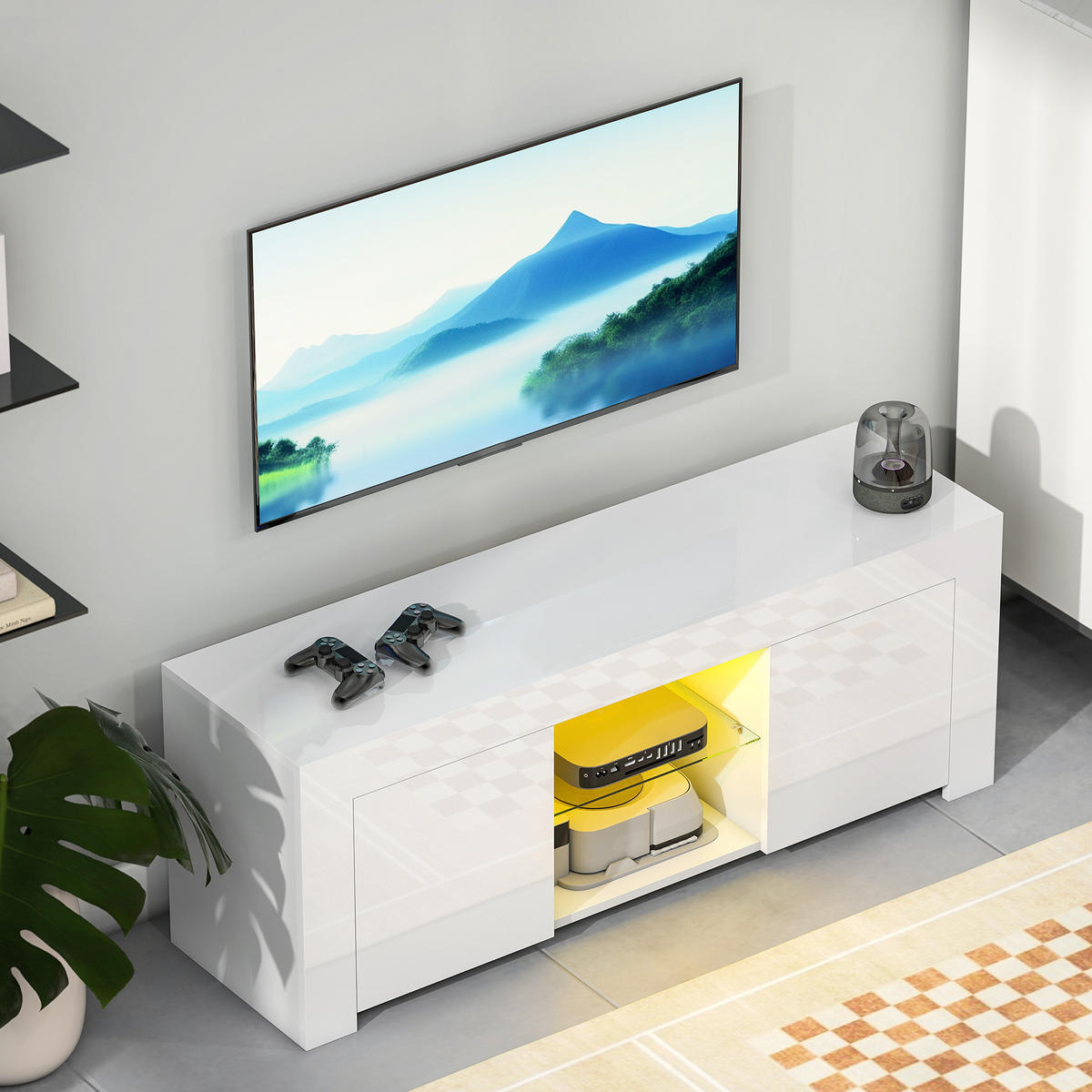 TV-SCHRANK mit LED-Beleuchtung, 2 Schranktüren, Glasregal, Kabellöcher Weiß - Weiß, Glas/Holzwerkstoff (34/45/120cm) - HOMCOM