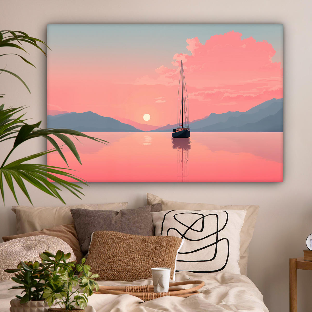 LEINWANDBILD Segelboot - Rosa Meer - Sonnenuntergang - Berge Groß 140x90 cm - Rosa, Textil (140/90cm) - MuchoWow